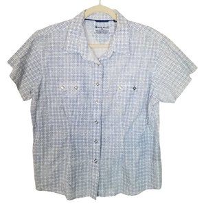 Rough Stock Women XL White/Blue Tile Print Short Sleeve Snap Front Western Shirt